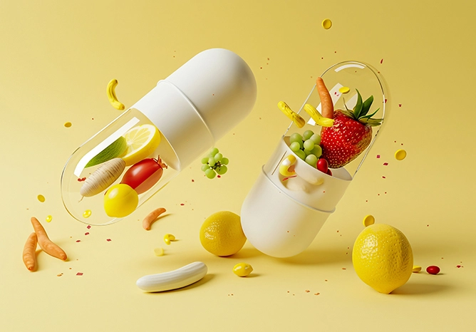 家安生醫｜醫學研究｜鮮黃色背景中，兩個巨大的半透明膠囊漂浮於空中，內部裝滿草莓、檸檬及蔬菜，象徵從天然食物中提取營養精華。