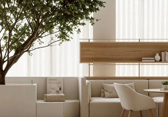 家安生醫｜養生村｜室內設計採現代簡約風格，木質家具搭配綠意植栽與純白沙發，營造出寧靜舒適的養生村居住氛圍。