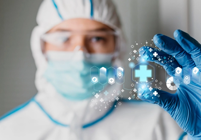 家安生醫｜預防醫學｜穿著防護衣的醫學人員，指尖觸碰發光的十字醫療圖示，象徵預防醫學與精準防護，結合數位統計數據分析。